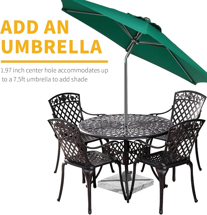 42" Round Patio Table and Chair Set of 4 Cast Aluminum Patio Table with 1.97" Umbrella Hole,All Weather 5 Piece Patio Dining Set Outdoor Patio Bistro Set for Garden,Patio(Bronze)