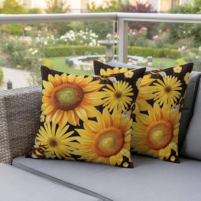 Outdoor Throw Pillow Covers,Yellow Sunflower Daisy Flower Waterproof Decorative Pillowcases Cushion Cover Spring Rustic Floral Bee Black Pillow Cases for Patio Couch Sofa Bed,26x26in Set of 2