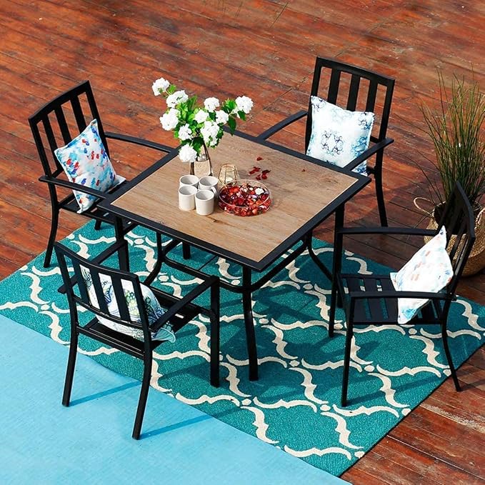 PHI VILLA Patio Dining Set,4 Stackable Chairs& 37" Square Metal Table | Outside Furniture Set for Patio, Deck, Backyard, Porch