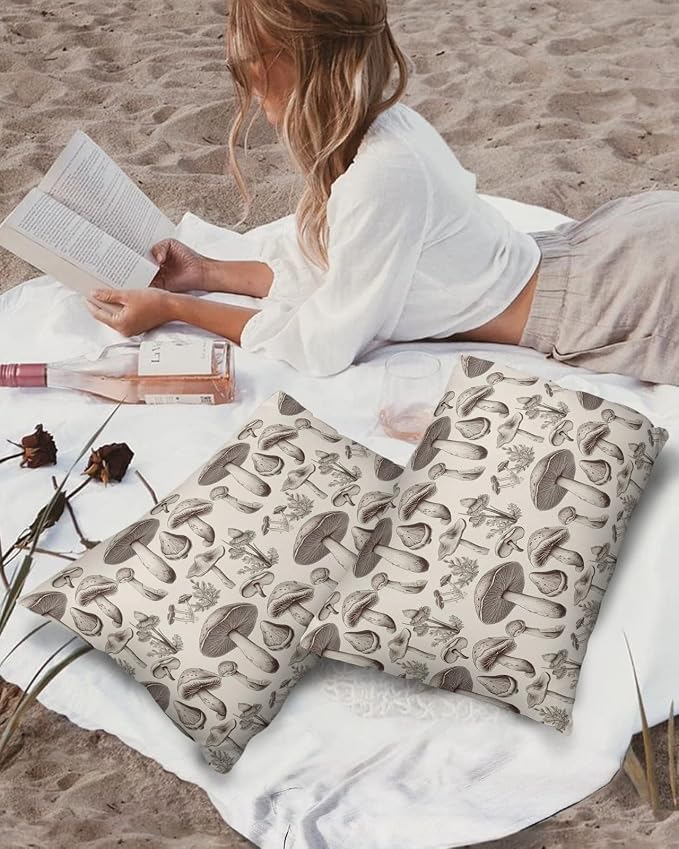 Outdoor Waterproof Throw Pillows Retro Mushroom Vintage Botanical Patio Pillows Pack of 1,Decorative Pillow Covers with Insert,Pillow Cushion Case for Garden Couch Sofa Aesthetic Plant Leaves