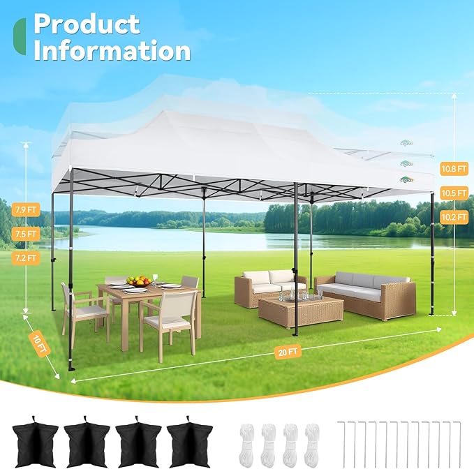 COBIZI 10x20 Pop up Canopy Tent Heavy Duty, Easy Set-up Commercial Outdoor Party Tent, 100% Waterproof Wedding Tents Gazebo, 3 Height Adjustable with Wheeled Bag, Clean White