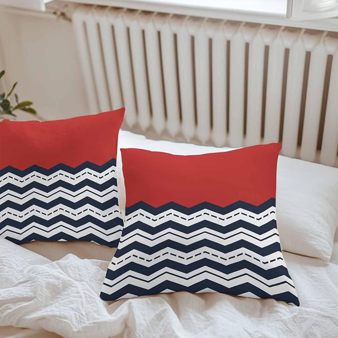 Black Chevron Waterproof Outdoor Pillow Covers Set of 2 Home Decor, Geometric Navy Blue White Sea Wavy Striped Pillowcase Patio Pillow Covers for Couch Bench Furniture Garden 26x26in