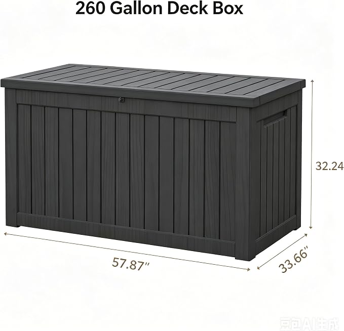 LAUSAINT HOME 260 Gallon Resin Deck Box, Outdoor Toy Storage Box, Package Delivery Box with Lockable Lid, Waterproof Outdoor Storage Box For Garden Tools, Patio Cushions(260 Gallon,Black)