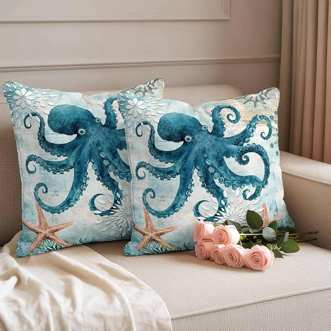 Ocean Creature Outdoor Waterproof Throw Pillow Covers Set of 2, 26"x26", Eight Pawfish Corals Sea Stars Decorative Pillow Covers Outside Cushion Case for Patio Porch Garden