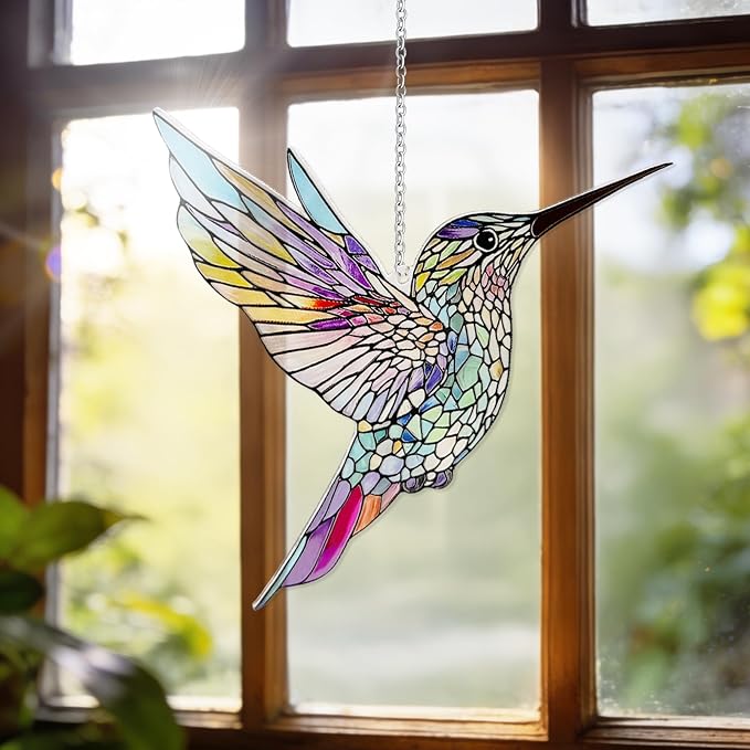 Hummingbirds Suncatcher Stained Glass, Hummingbird Suncatcher Ornament, Hummingbird Suncatcher for Grandma/Mom/Women (Colorful)