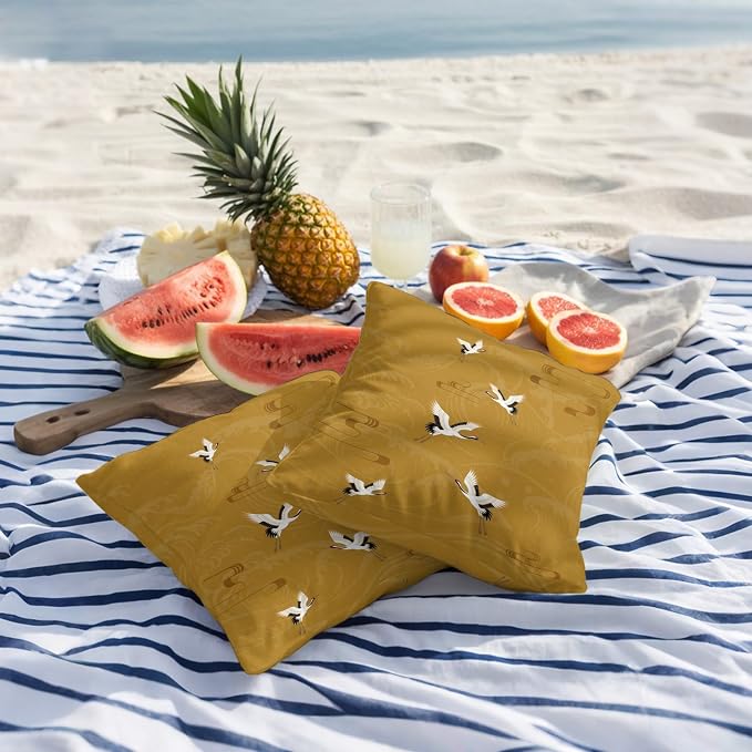 Japanese Style Outdoor Pillow Covers 18x18 Inch Throw Pillow Covers Set of 2 Waterproof Decorative Pillow Cases Vintage Art Cranes Ocean Wave Yellow Cushion Covers for Patio Furniture Garden Couch