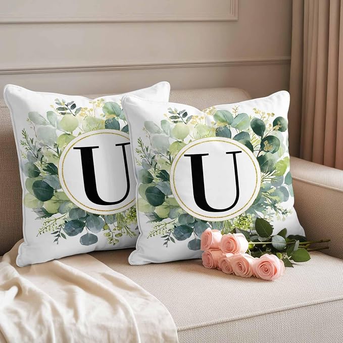 Letter U Waterproof Outdoor Pillow Covers Set of 2 Home Decor, Alphabet Green Eucalyptus Leaves Pillowcase Patio Pillow Covers for Couch Bench Patio Furniture Garden 24x24in