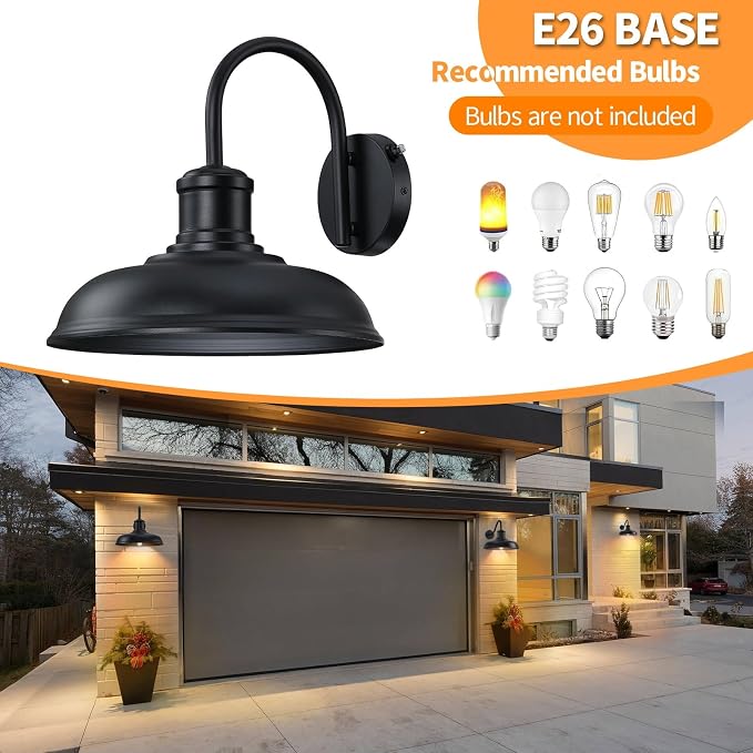 12'' Diameter Dusk to Dawn Outdoor Gooseneck Barn Light, Black | Large Exterior Lighting Fixture, Outdoor Wall Sconce Farmhouse Industrial Wall Lantern for Porch, Garage, Black, 2 Packs