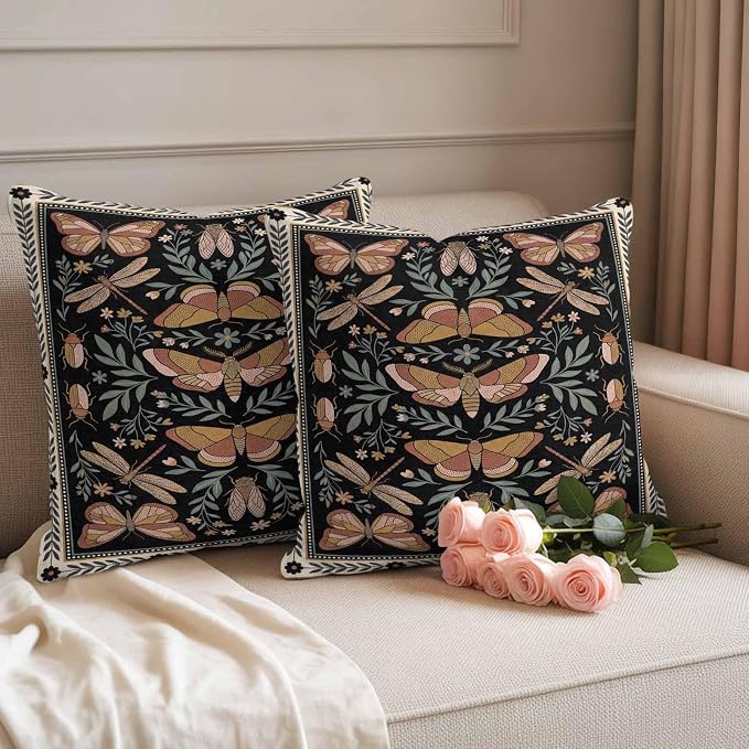Vintage Butterfly Outdoor Waterproof Pillows Cover Pack of 2 Butterfly Moth Dragonfly Spring Decorative Pillowcases with Zipper Cushion Case for Patio Tent Couch Garden 24 x 24 Inches