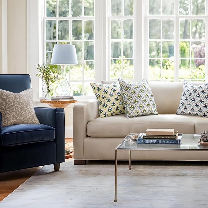 MIULEE Outdoor Floral Pillow Covers Waterproof 18x18 Blue-Green | Decorative Block Print,Boho Farmhouse, Set of 2 Coastal Summer Cushion Covers with Piping,Garden Patio Furniture Porch Couch