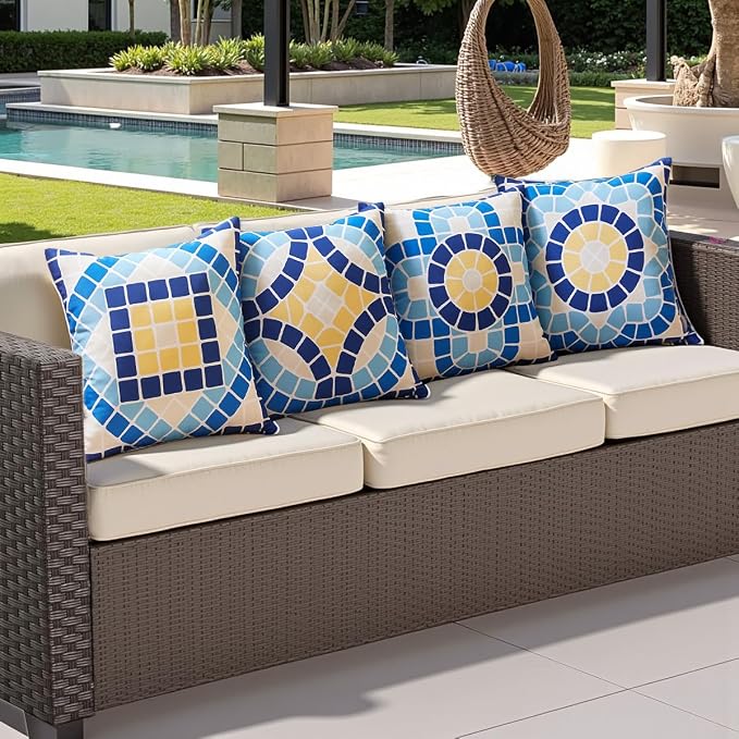 CARRIE HOME Blue Summer Outdoor Pillow Covers Waterproof 18x18 Set of 4, Summer Themed Party Decorations Swimming Pool Chair Pillow 18 x 18, Fade Resistant Waterproof Outdoor Pillows for Patio Porch