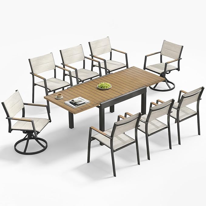 Expandable Outdoor Dining Set for 8, Never-Rust Aluminum Patio Swivel Dining Set, 38"-77" Extendable Outdoor Dining Table and 6 Double-Layer Textilene Stackable Patio Chairs for Porch, Teak
