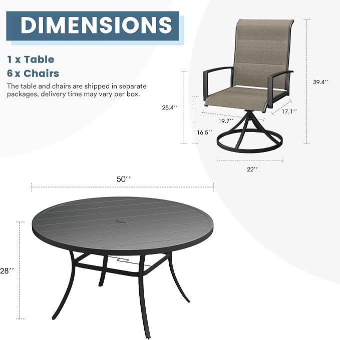 DIFY 7 Piece Outdoor Patio Dining Set for 6, 50" Black Round Metal Dining Table and Swivel Patio Chairs with Brown Padded Textilene, All-Weather Outdoor Furniture Set for Garden Backyard Porch