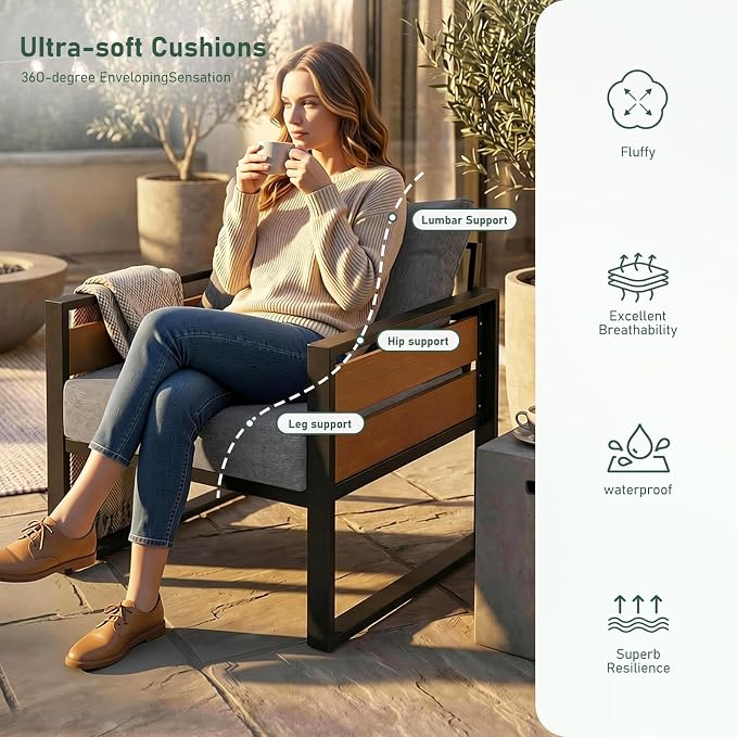 Furnimart Patio Furniture Set, 4-Piece Metal Outdoor Sectional, 4-Seat Patio Conversation Set with Deep Seating, Thick Cushions & Coffee Table for Backyard, Porch & Deck, Gray