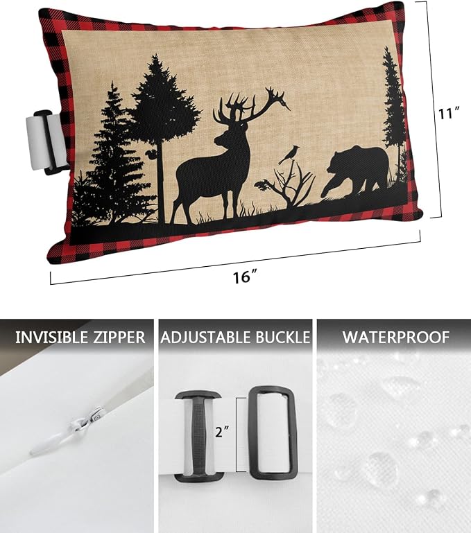 Outdoor Pillows Covers with Inserts Christmas Animal Moose Xmas Tree Waterproof Recliner Pillow with Adjustable Strap Throw Pillows for Patio Furniture Pool Lounge Chair, 11x16 inch, 1PCS