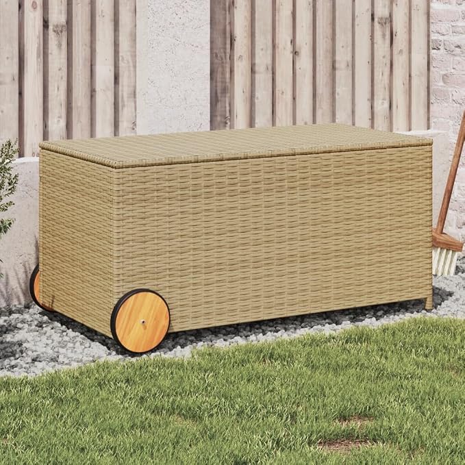 Large Beige 190L Wheeled PE Rattan Garden Storage Box 21.7x42.1x20.9 in, UV Resistant Outdoor Patio Deck Box for Cushions, Tools & Toys