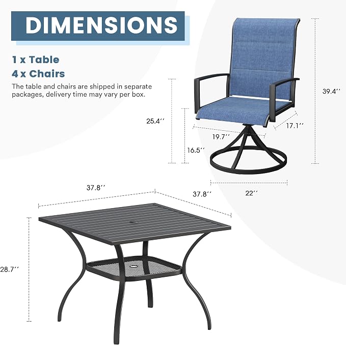 DIFY 5 Piece Outdoor Patio Dining Set for 4, 37.8" Black Square Metal Dining Table and Swivel Patio Chairs with Blue Padded Textilene, All-Weather Outdoor Furniture Set for Garden Backyard Porch