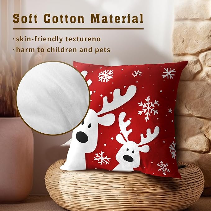 Christmas Reindeer Throw Pillow Covers 16x16, Set of 2 Funny Xmas Deer Snowflakes Red Decorative Pillow Cases Square Cushion Cover for Couch Sofa Bed Holiday Decoration