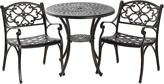 3 Piece Patio Bistro Set, Outdoor Cast Aluminum Dining Set, Patio Bistro Furniture Set Round Table with Umbrella Hole for Backyard Lawn Garden