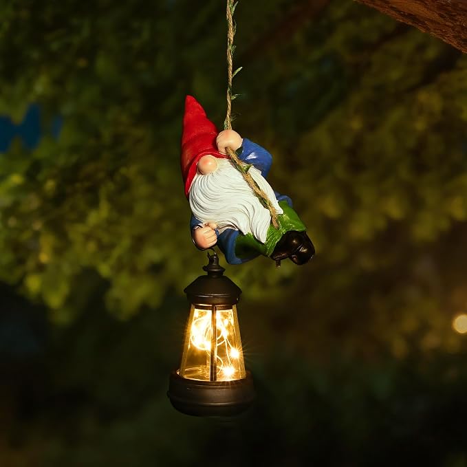 Solar Hanging Gnome Garden Statues Funny Climbing Gnome with LED Lantern | Outdoor Swinging Decor Tree Hugger Yard Porch Wall Fence Decoration Birthday Garden Gifts for Mom Women, Red Hat