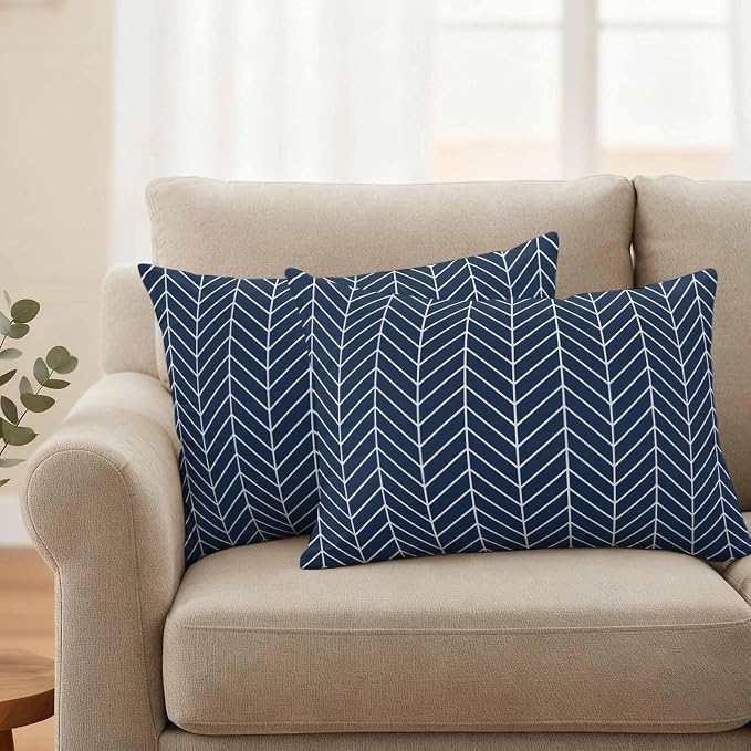 Outdoor Waterproof Throw Pillow Covers Set of 2 Navy Blue Chevron Stripes Lumbar Pillowcases 20x12 Inches Modern Geometric Texture Decorative Pillows Cushion Case Patio Pillows for Couch Bed Chair