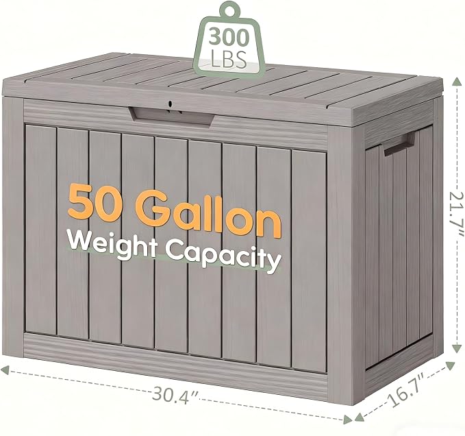 Outdoor Storage Box, Resin Deck Boxes Indoor and outdoor, Waterproof Storage Box Lockable Lid (Grey, 50 Gallon)