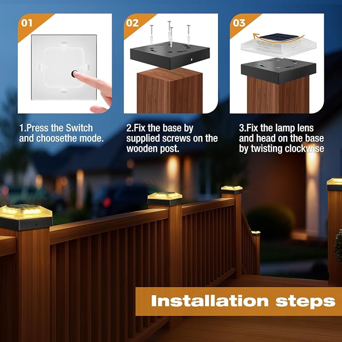 4x4 Solar Post Cap Lights Outdoor 4 Pack, 3 Color Modes/Dusk to Dawn/IP65 Waterproof, Fits 4x4 Vinyl/PVC Wood Posts Top, Black LED Fence Topper Light for Deck, Porch, Backyard
