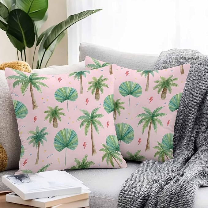 Yukro Tropical Palm Tree Outdoor Waterproof Pillow Covers Pack of 2, Lightning Summer Pink Boho Throw Pillowcases Decorative Cushion Covers for Garden Patio Tent Sofa Couch, 24x24 inch