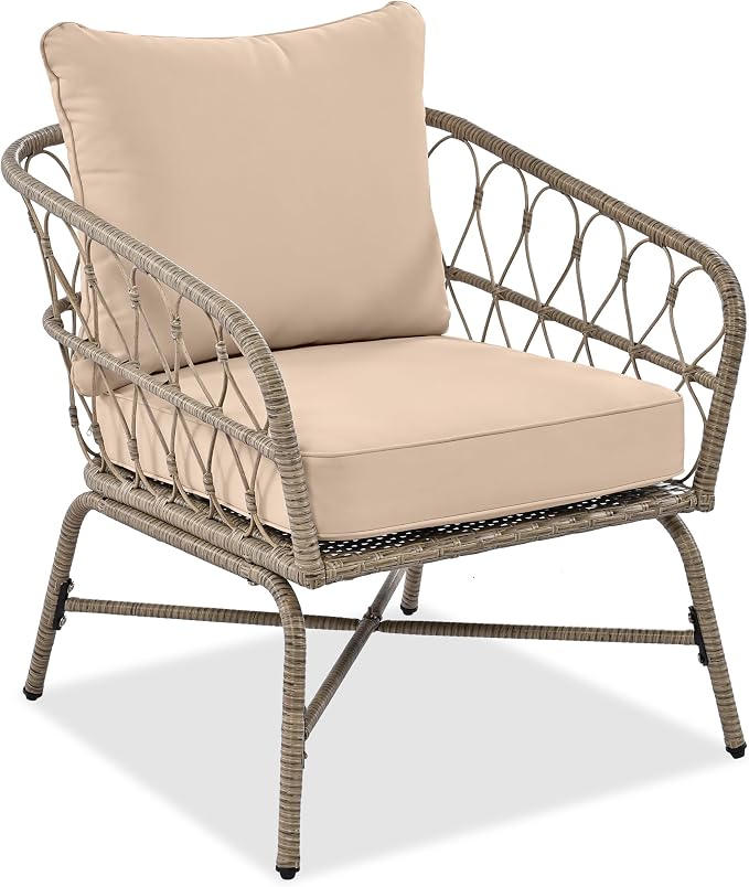 Boho 4 Person Outdoor Seating Group with Wicker and Acacia Wood Table, Patio Conversation Set with Removable Cushions, 4 Piece Outdoor Couch Set for Garden, Backyard, Poolside, Beige