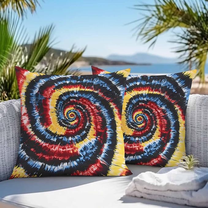 Vandarllin Outdoor Throw Pillows Covers 20x20 inch Set of 2 Waterproof Yellow Red Tie-Dye Art Decorative Zippered Cushion Covers for Patio Furniture, Abstract Boho Tribe Lumbar Pillowcases
