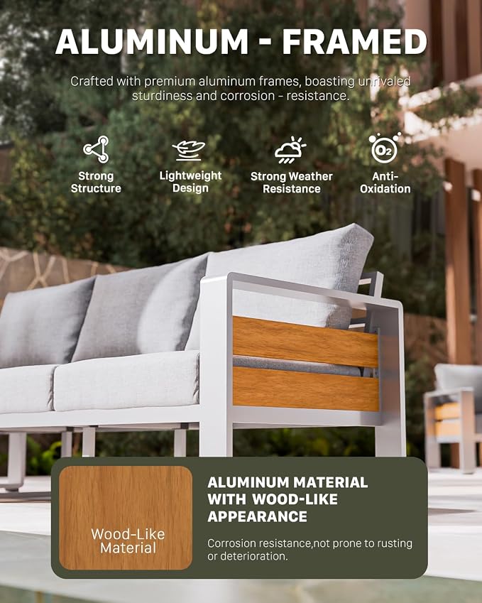 ZANDOR Aluminum Outdoor Patio Furniture Set with Coffee Table, 3 Seats Patio Conversation Sets with Washable Thick Cushions, Outdoor Sectional for Porch, Backyard, Deck, Garden & Poolside, Silver