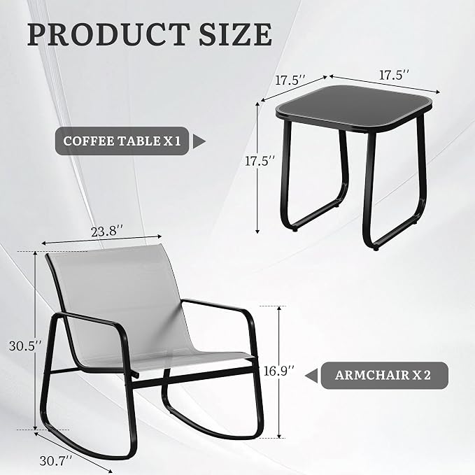 DWVO 3 Piece Patio Furniture Set, Durable Textilene Patio Set with Rocking Chairs Set of 2 & Tempered Glass Table for Garden, Balcony & Poolside, Grey