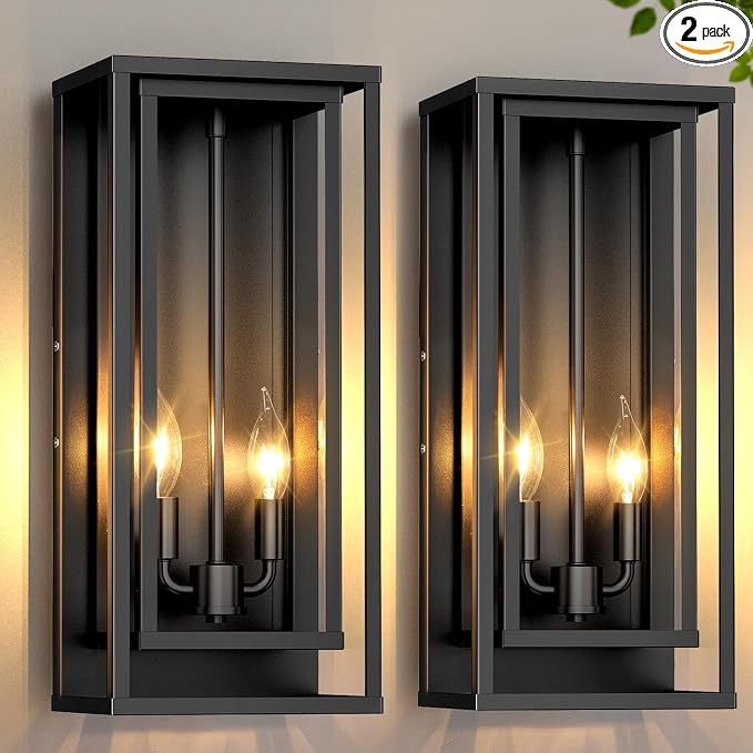Large Outdoor Wall Lanterns, 18” Exterior Waterproof Rectangular Sconce | 2-Pack Matte Black Porch Lights with Glass Shades, Anti-Rust 2-Light Modern Light Fixtures for Patio Garage Front Door