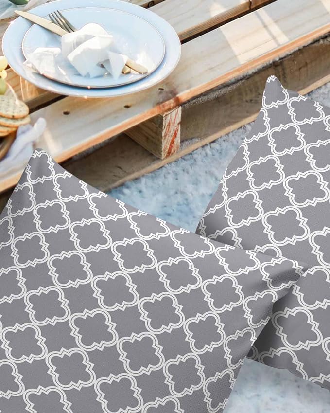 Outdoor Waterproof Pillow Covers for Patio Furniture Moroccan Pattern Decorative Throw Pillow Cover Geometric Trellis Grey Pillowcases Set of 2 Cushion Case for Sofa Couch Chair Home Decor 16x16 inch