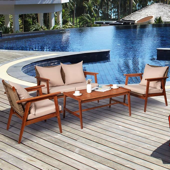 Tangkula 4 PCS Patio Wood Sofa Set, Outdoor Acacia Wood Seating Chat Set with Cushions & Coffee Table, Sectional Conversation Sofa Set for Garden, Backyard, Poolside (1, Brown)
