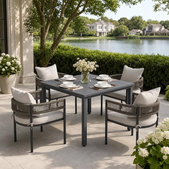 VICLLAX Patio Dining Set, 40.2" Dark Grey Table & 4 Chairs with Wheat Cushion