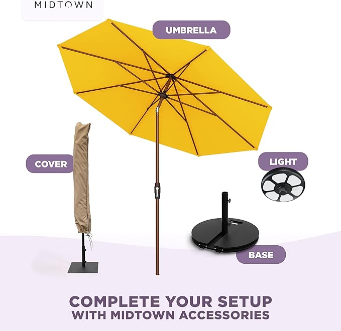 Midtown Umbrellas Wooden 2-8 Ft Patio Umbrella with 360° Swivel & Tilt Mechanism, 8 Fiberglass Ribs & Sunbrella Fabric - Outdoor Umbrella for Deck, Pool & Garden - Burgundy Canopy, Wooden Pole