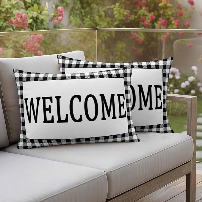Welcome Black Outdoor Pillow Covers Set of 2 White Buffalo Check Plaid Waterproof Throw Pillow Cover Decorative Cushion Cases for Patio Porch Garden 20X12 Inch