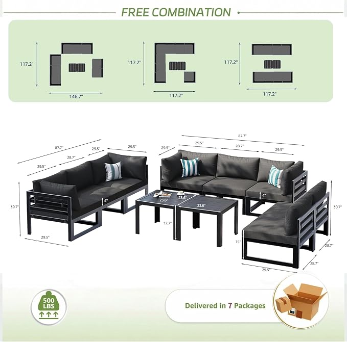 RADIATA 10 Piece Modern Aluminum Outdoor Patio Furniture Set, 29" Wide Deep Seating, Fade Water Resistant U Shaped Modular Sectional Couch, Large Comfy Conversation Set for Backyard Garden, Dark Gray