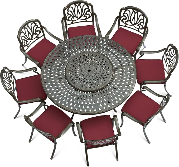 VIVIJASON 9-Piece Patio Furniture Dining Set, Rust-Free Cast Aluminum Outdoor Conversation Set, Include 8 Cushioned Chairs & 61" Round Dining Table with 31" Lazy Susan, Umbrella Hole, Red