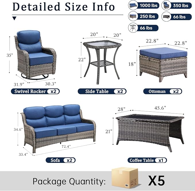 Luxury 6" Thick Cushion 9 Pieces Wicker Patio Furniture Set with High Back Swivel Rocker Chairs, Outdoor Conversation Set with Patio Couch for Deck Porch Yard and Poolside