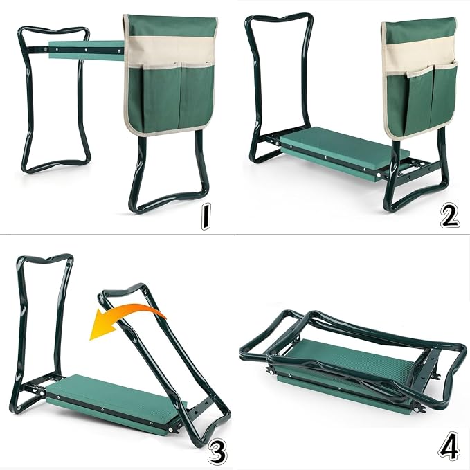 Roixeeds Garden Kneeler and Seat Foldable Gardening Bench Stool with Tool Bag Pouch EVA Foam Pad Outdoor Practical Garden Tools for Kneeling and Sitting Sturdy and Lightweight, Green