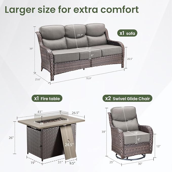 Luxury Patio Furniture Set with 6-inch Thick Cushion, Outdoor Furniture with Fire Pit Table, Swivel Chairs, Sofa, 4pcs Wicker Conversation Set for Deck Yard and Poolside Brown Wicker | Grey Cushions