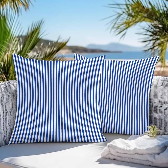 Throw Pillow Covers 20x20 Inch Set of 2, Navy Blue Stripe Waterproof Outdoor Cushion Covers, Modern White Vertical Striped Geometric Decorative Pillowcases for Couch, Sofa, Bed, Garden, Patio