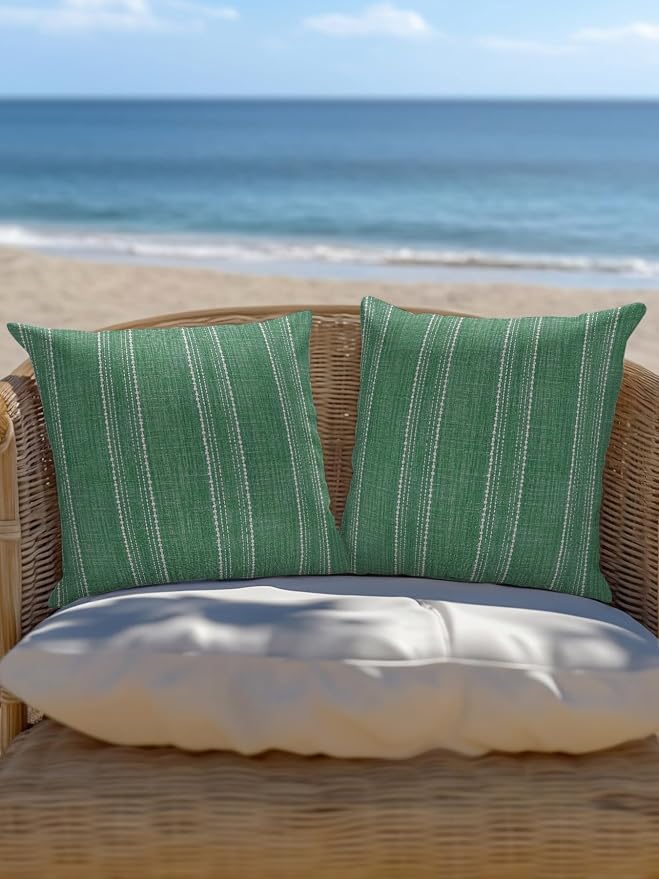 Waterproof Outdoor Pillow Set of 2 Green Linen Stripes Decorative Throw Pillows Cover & Insert 16x16 Inch Pillowcase Parallel Vertical Lines Pillows for Couch Sofa Bed Patio Furniture Indoor Outdoor