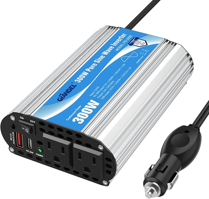 GIANDEL 300 Watt Pure Sine Wave with UL Approved Fuses 12V DC to 120V AC Car Power Inverter with USB-C PD 30W and QC3.0 USB for Starlink Tablets Laptops Smartphones
