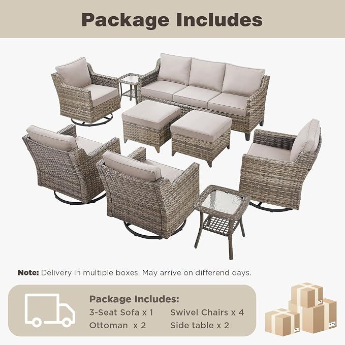 Belord Patio Wicker Swivel Rocker Patio Chairs with 3-Seater Sofa, Outdoor Rattan Chairs for Deck Porch Poolside, 9 Piece Patio Conversation Furniture Set,Beige