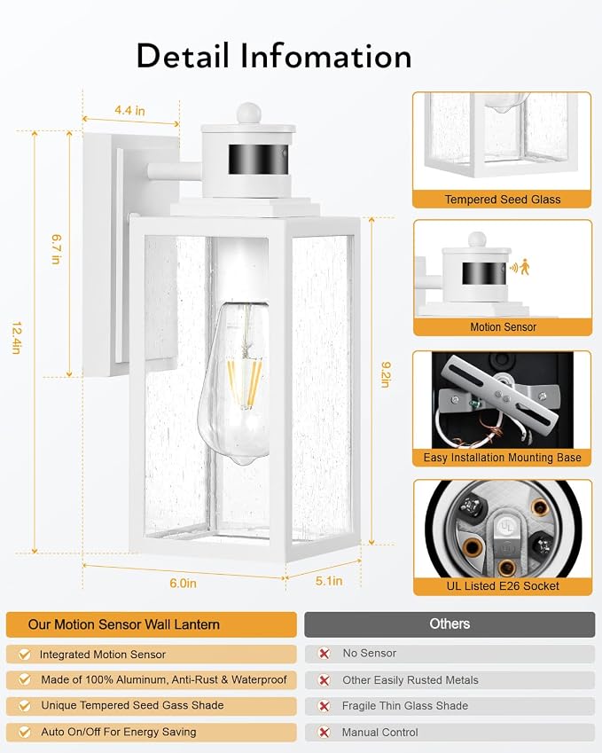 VIANIS White Motion Sensor Exterior Wall Light, Modern Dusk to Dawn Outdoor Porch Lights Wall Mount, Anti-Rust Aluminum Waterproof Outdoor Wall Sconce, Exterior Lighting Fixtures for House, Garage