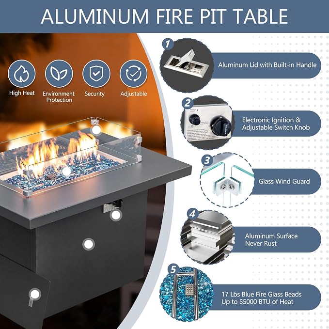 RADIATA 9 Pieces Aluminum Patio Furniture Set with Fire Pit Table, Morden Outdoor Sectional Sofa, Large Conversation Seat with Thick Cushion for Garden Backyard Deck Porch (Grey)