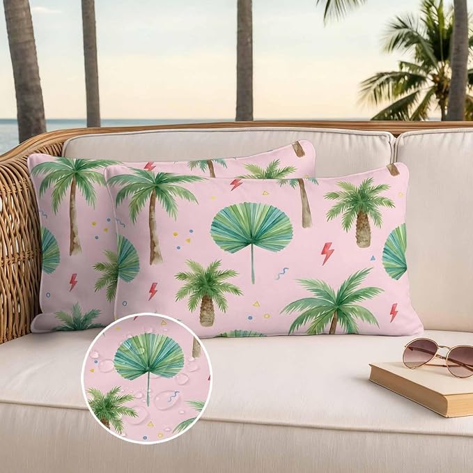 Yukro Tropical Palm Tree Outdoor Waterproof Pillow Covers Pack of 2, Lightning Summer Pink Boho Throw Pillowcases Decorative Cushion Covers for Garden Patio Tent Sofa Couch, 20x12 inch